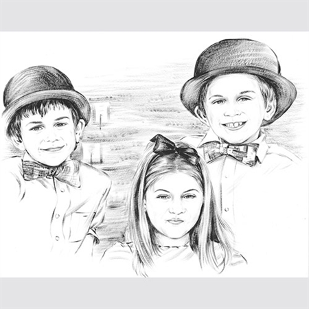 Hand Painted Ink Rendering Family Portrait of 3 Children from Photos - myDaVinci